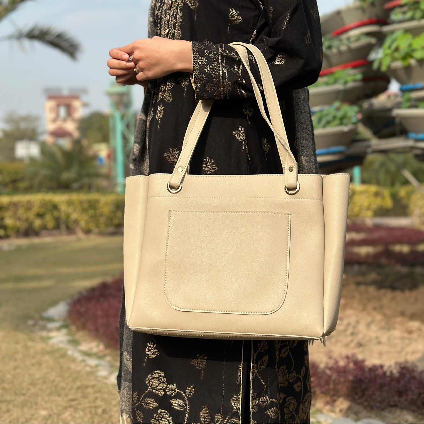Beige Tote Bag with Pouch