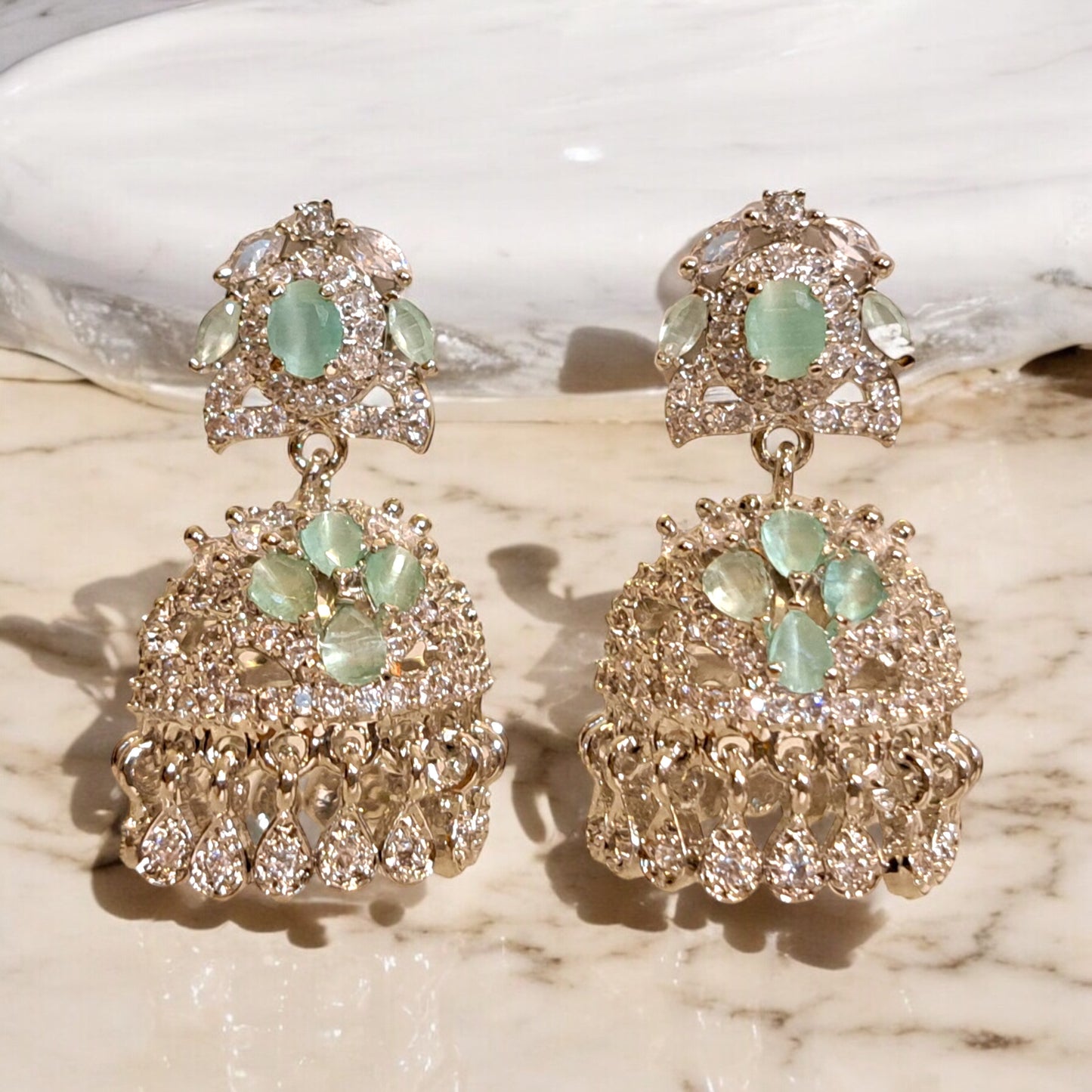 Mint Green Gemstone Jhumka Earrings