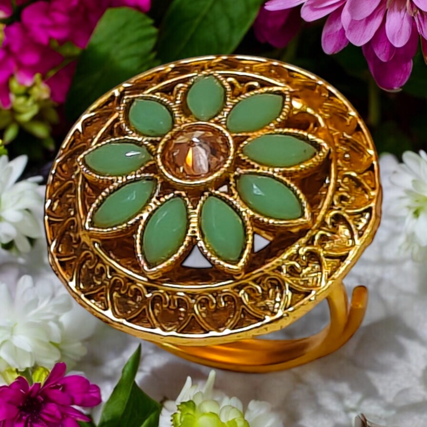 Golden Filigree Ring with Green Petals