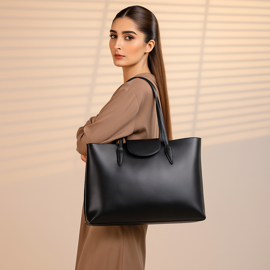 Classic Black Tote Bag with Matching Pouch