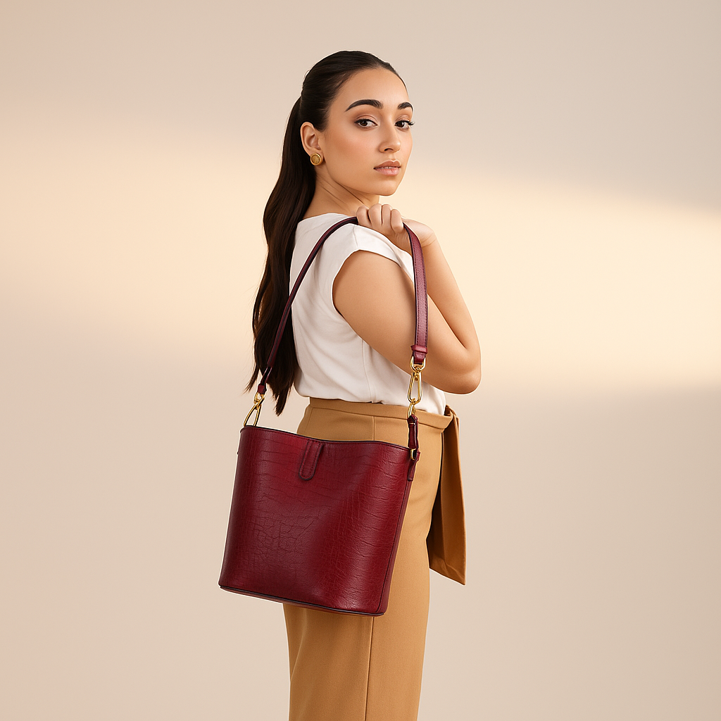 Crimson Croc-Embossed Bucket Bag