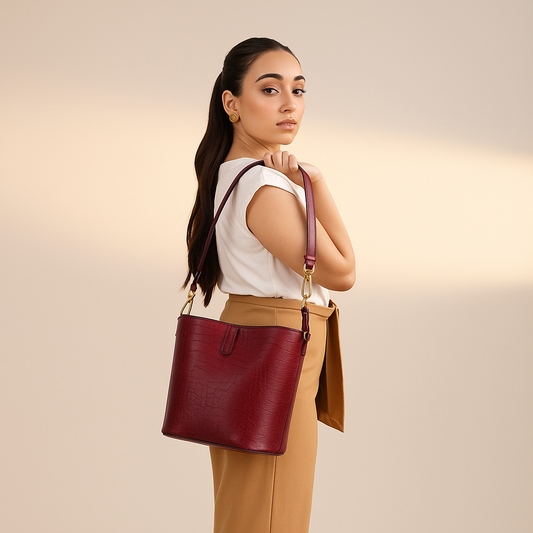 Crimson Croc-Embossed Bucket Bag