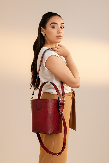 Crimson Croc-Embossed Bucket Bag