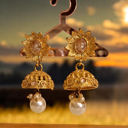 Floral Jhumka Earrings with Pearl Drops