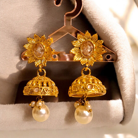 Floral Jhumka Earrings with Pearl Drops