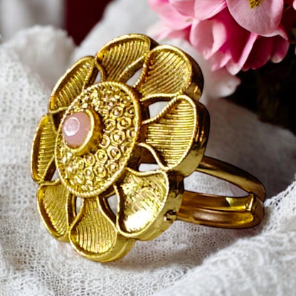 Golden Floral Statement Ring with Pink Stone