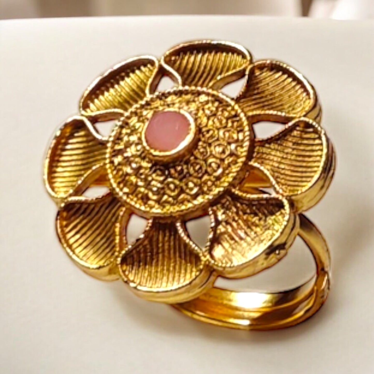 Golden Floral Statement Ring with Pink Stone