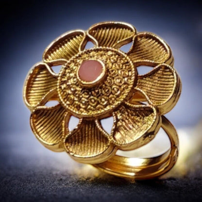 Golden Floral Statement Ring with Pink Stone