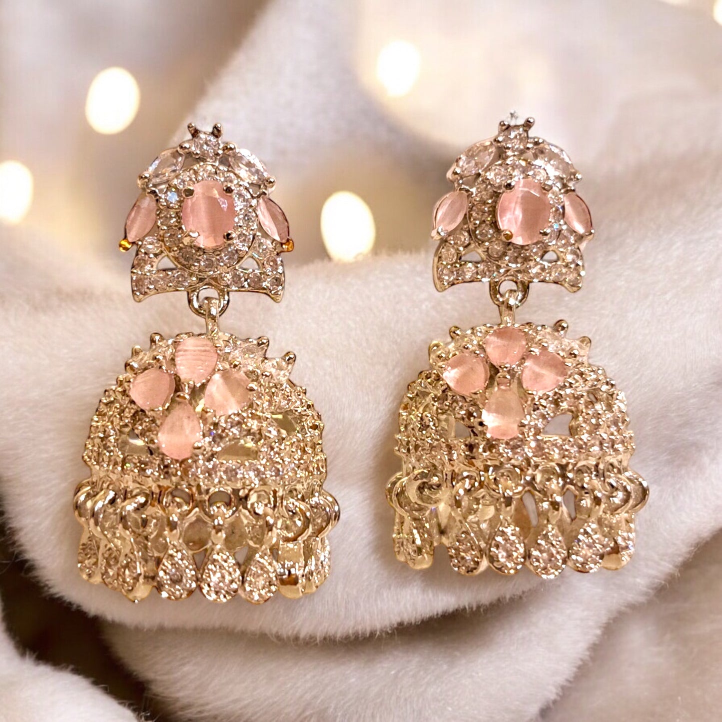 Pink Gemstone Jhumka Earrings