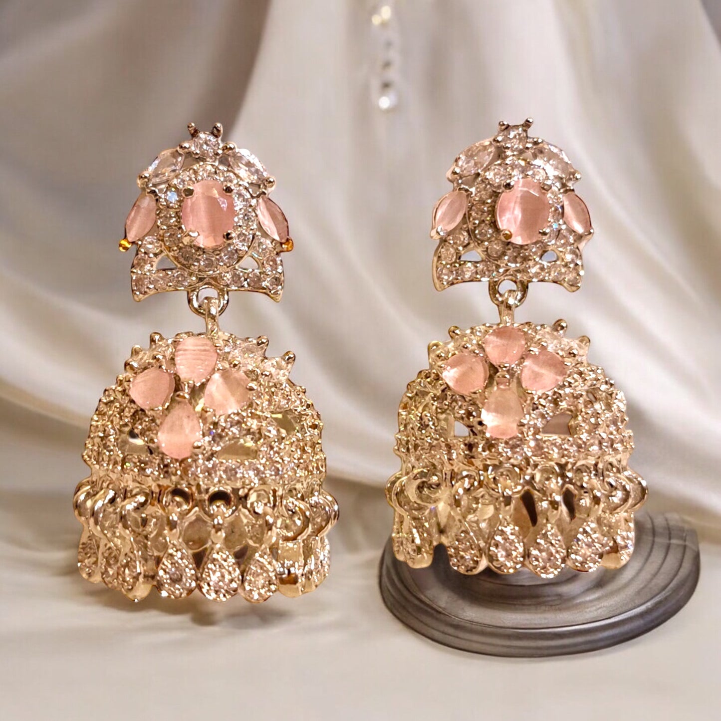 Pink Gemstone Jhumka Earrings