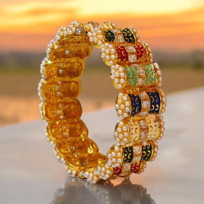 Multicolor Kundan and Pearl-Embedded Bangle