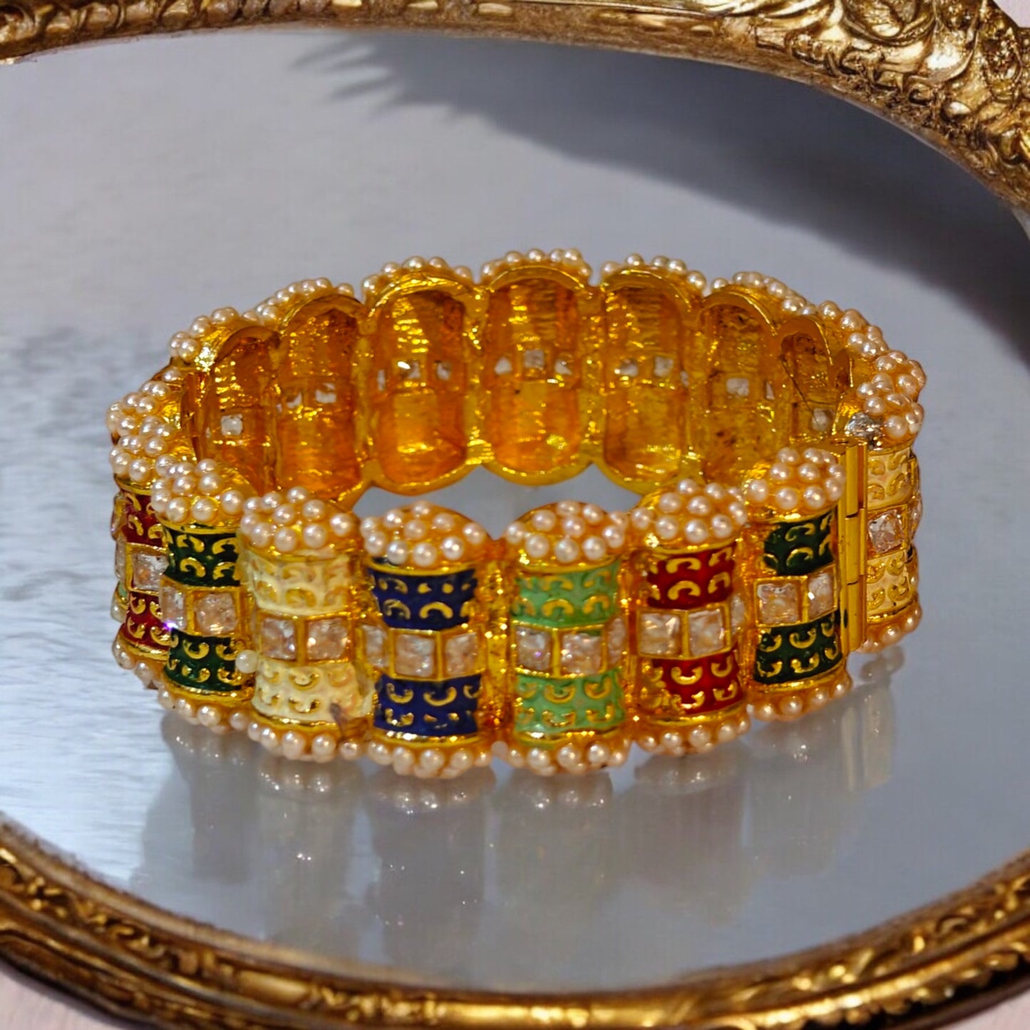 Multicolor Kundan and Pearl-Embedded Bangle