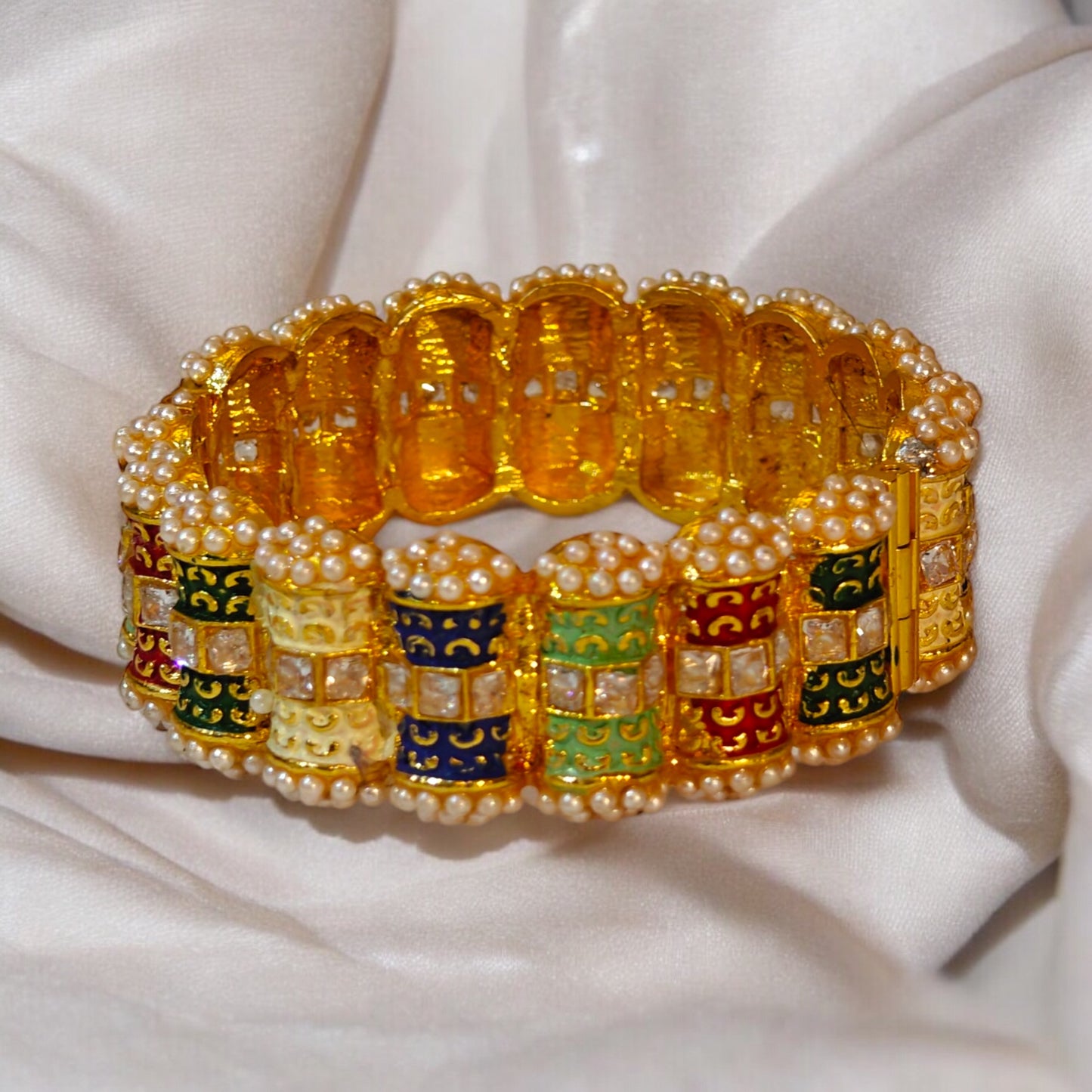 Multicolor Kundan and Pearl-Embedded Bangle