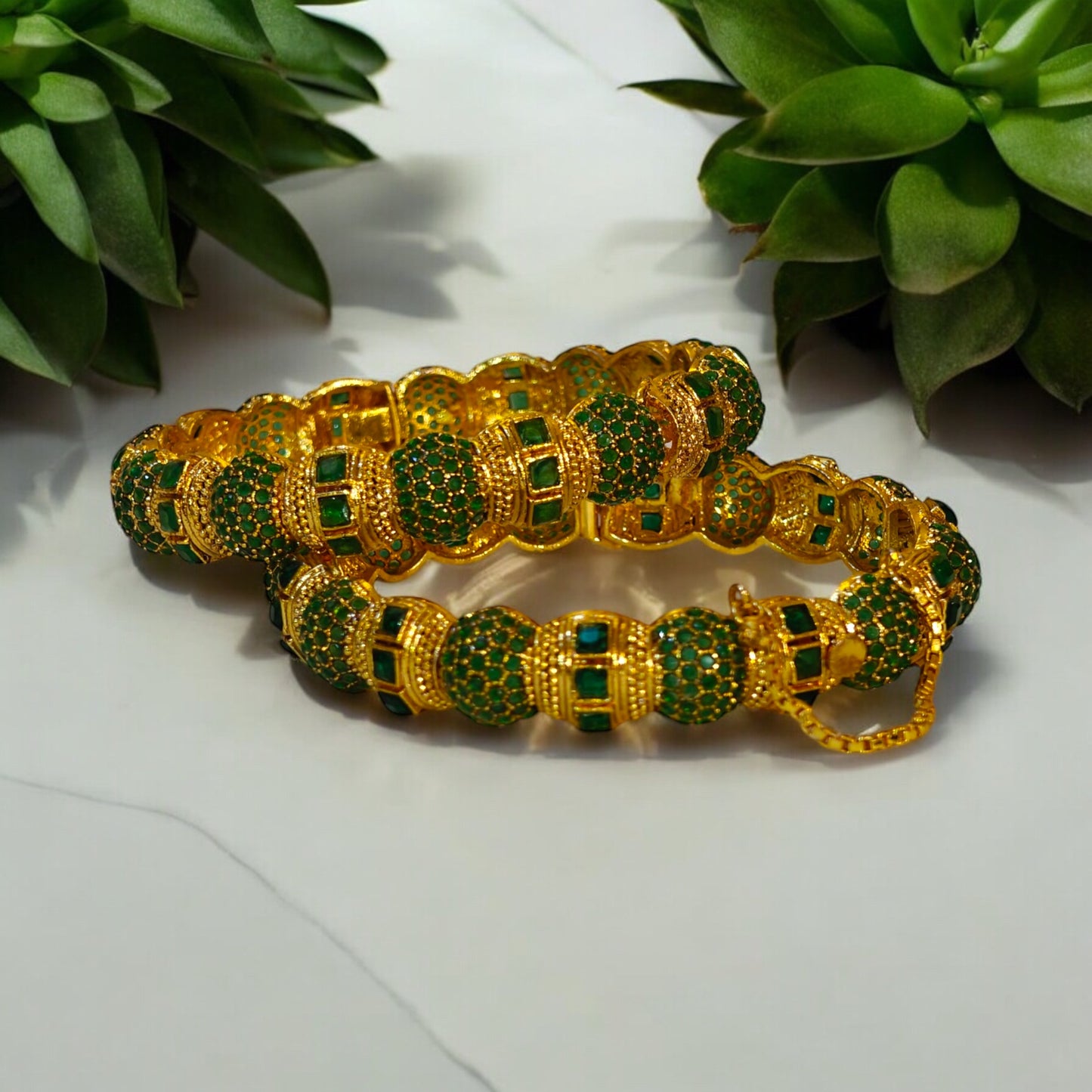 Royal Gold-Plated Bangles with Emerald Green Stones