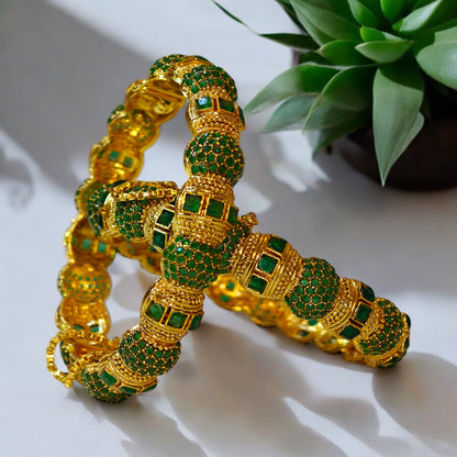 Royal Gold-Plated Bangles with Emerald Green Stones