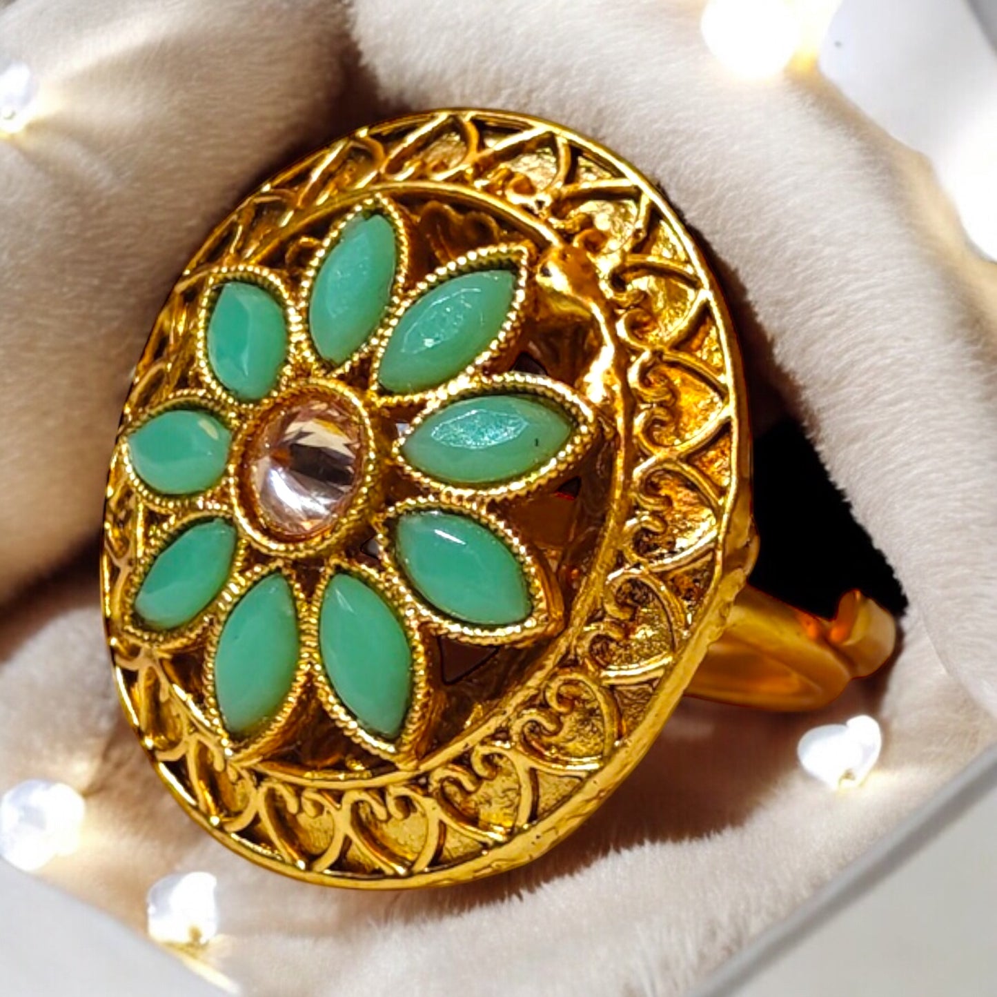 Golden Filigree Ring with Green Petals