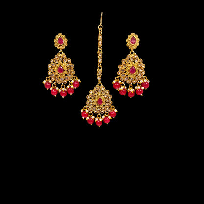 Gold-Plated Earrings and Maang Tikka Set with Red Beads