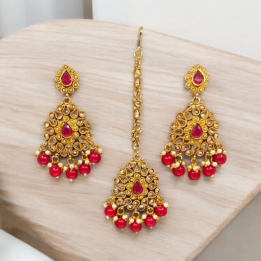 Gold-Plated Earrings and Maang Tikka Set with Red Beads